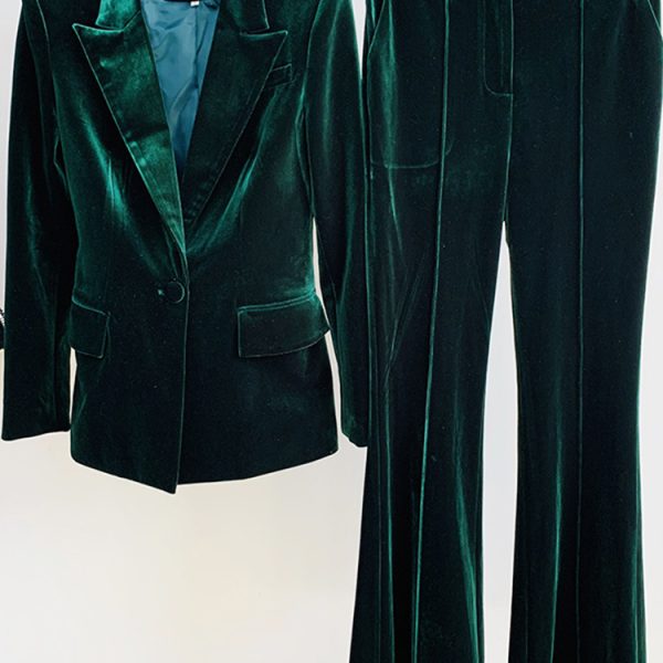 Women’s Single Button Velvet Lapel Blazer Flare Pants Suit Set – Dark green