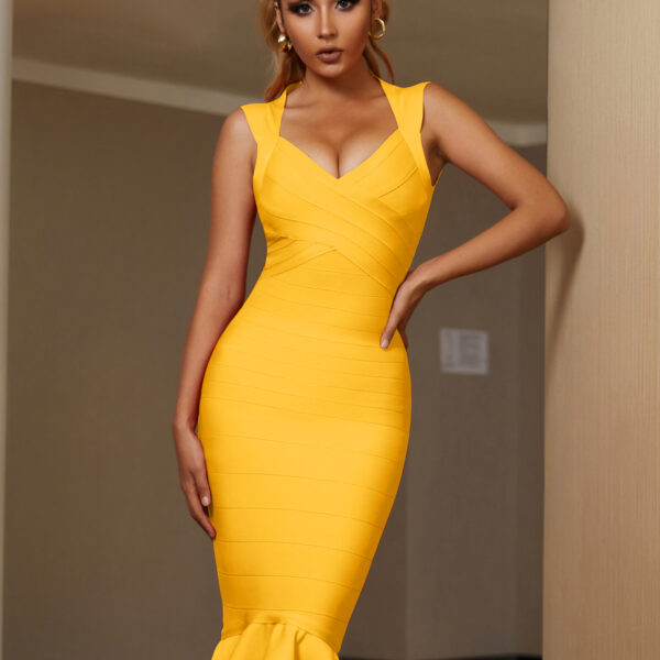 Sexy Sleeveless V Neck Tank Mermaid Bodycon Bandage Dress For Women – Yellow Bandage Dress