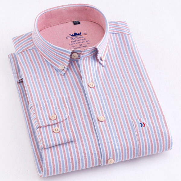 Men's Casual 100% Cotton Oxford Striped Shirt Single Patch Pocket Long Sleeve Standard-fit Comfortable Thick Button-down Shirts