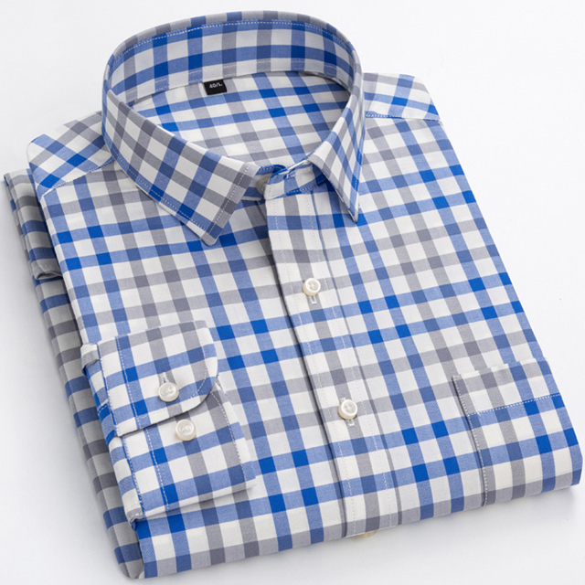 Men's Standard-Fit Long-Sleeve Micro-Check Shirts Patch Pocket Thin Soft 100% Cotton White/red Lines Checked Plaid Casual Shirt