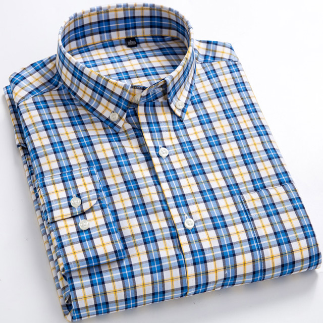 Men's Standard-Fit Long-Sleeve Micro-Check Shirts Patch Pocket Thin Soft 100% Cotton White/red Lines Checked Plaid Casual Shirt