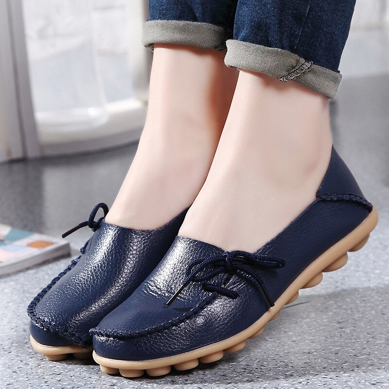 New Moccasins Women Flats Loafers Genuine Leather Female Shoes Slip On Ballet Bowtie Women's Shoes