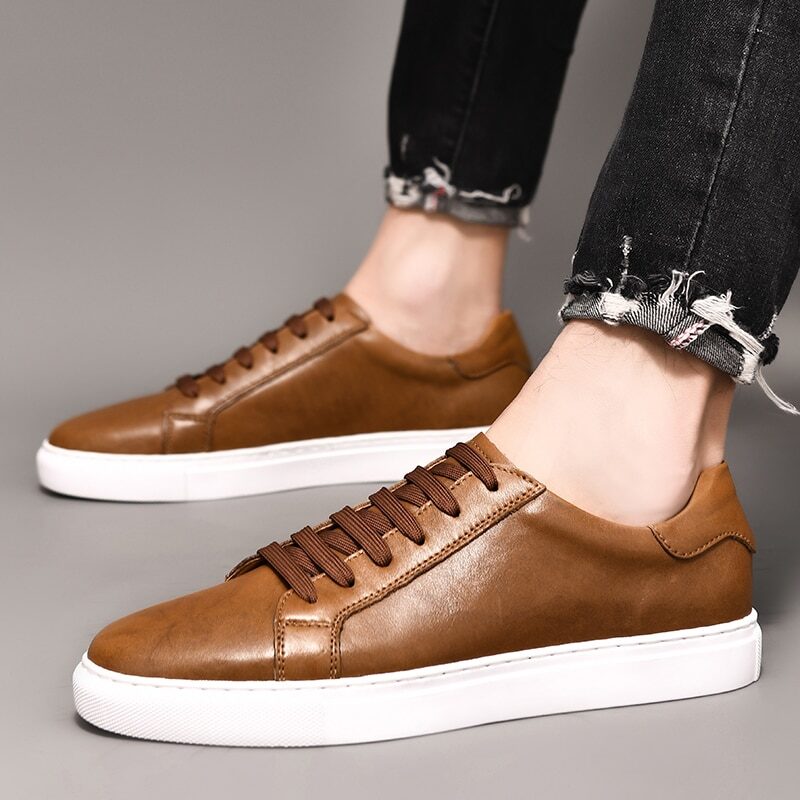 Fashion Genuine Leather Brown Casual Shoes Round Toes Men Shoes Sneakers Men