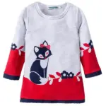 Cute Fox printed Kids Girls Long Sleeve Warm Lace Dress Baby Clothes