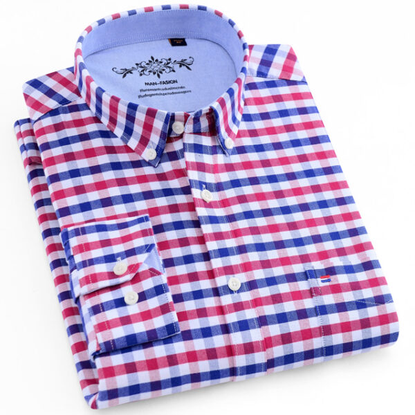 Men’s Regular-fit Long Sleeve Oxford Plaid Striped Casual Shirt