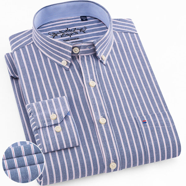 Men’s Regular-fit Long Sleeve Oxford Plaid Striped Casual Shirt