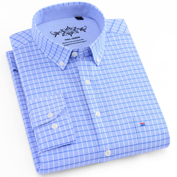 Men’s Regular-fit Long Sleeve Oxford Plaid Striped Casual Shirt