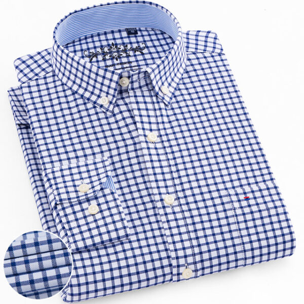 Men’s Regular-fit Long Sleeve Oxford Plaid Striped Casual Shirt