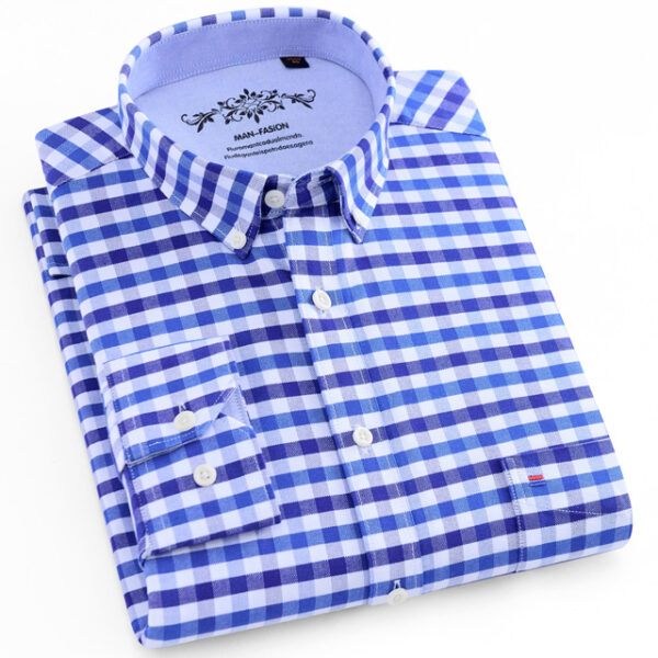 Men’s Regular-fit Long Sleeve Oxford Plaid Striped Casual Shirt