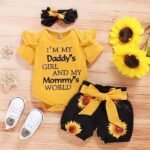 3PCS Toddler Baby Girl Outfits,Infant Short/Long Sleeve Ruffle Tops Romper Bodysuit and Sunflowers Print Shorts Pants Clothes with Headband