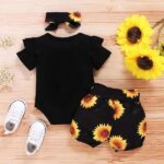 3PCS Toddler Baby Girl Outfits,Infant Short/Long Sleeve Ruffle Tops Romper Bodysuit and Sunflowers Print Shorts Pants Clothes with Headband