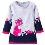 Cute Fox printed Kids Girls Long Sleeve Warm Lace Dress Baby Clothes