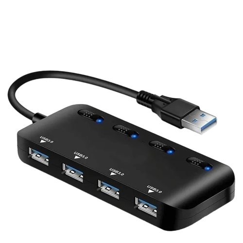 4-Port USB 3.0 Hub with Individual LED Power Switches Portable Data Hub Compatible Transfer Splitter