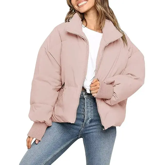 XGeek Women's Winter Long Sleeve Zip Puffer Jacket Baggy Short Down Coats Pink