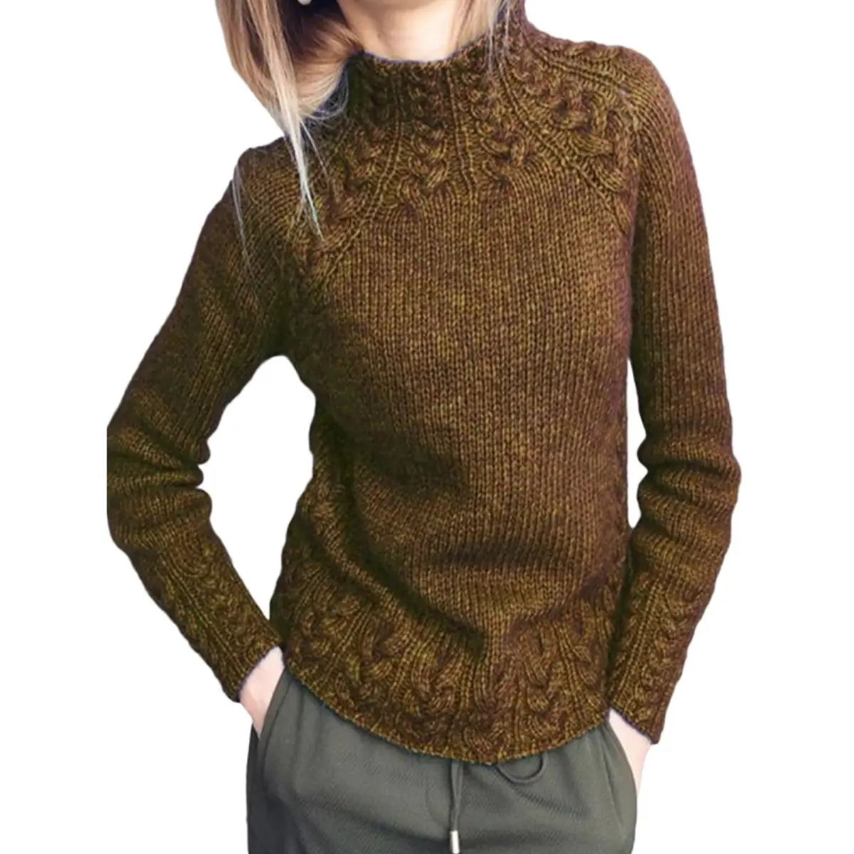 Winter Warm Jumper Tops for Women Casual Knitted Sweaters Khaki