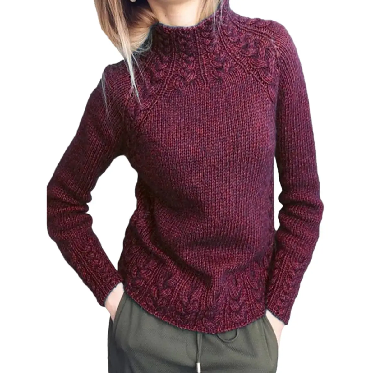 Winter Warm Jumper Tops for Women Casual Knitted Sweaters Dark Red