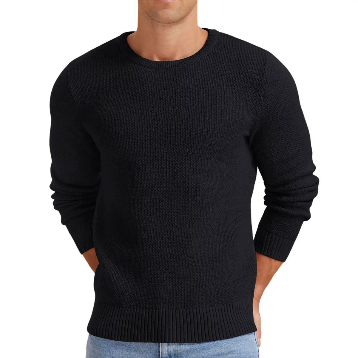 Ice glad Men’s Casual Crewneck Sweater Soft Knitwear with Lightweight Ribbed Edge Black