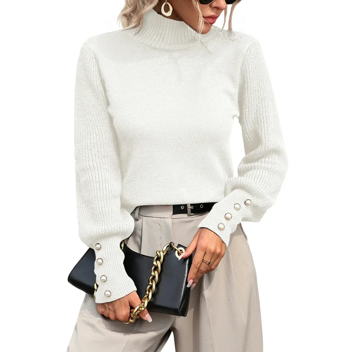 Women’s Turtleneck Sweater Long Sleeve Pullover Tops for Women White