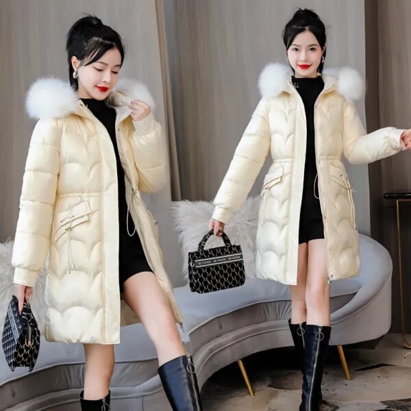 Winter Jacket Parkas Women Coat Fur Collar Hooded Overcoat Apricots