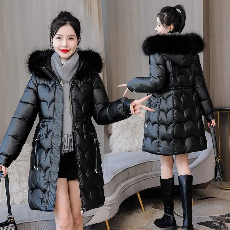 Winter Jacket Parkas Women Coat Fur Collar Hooded Overcoat Black